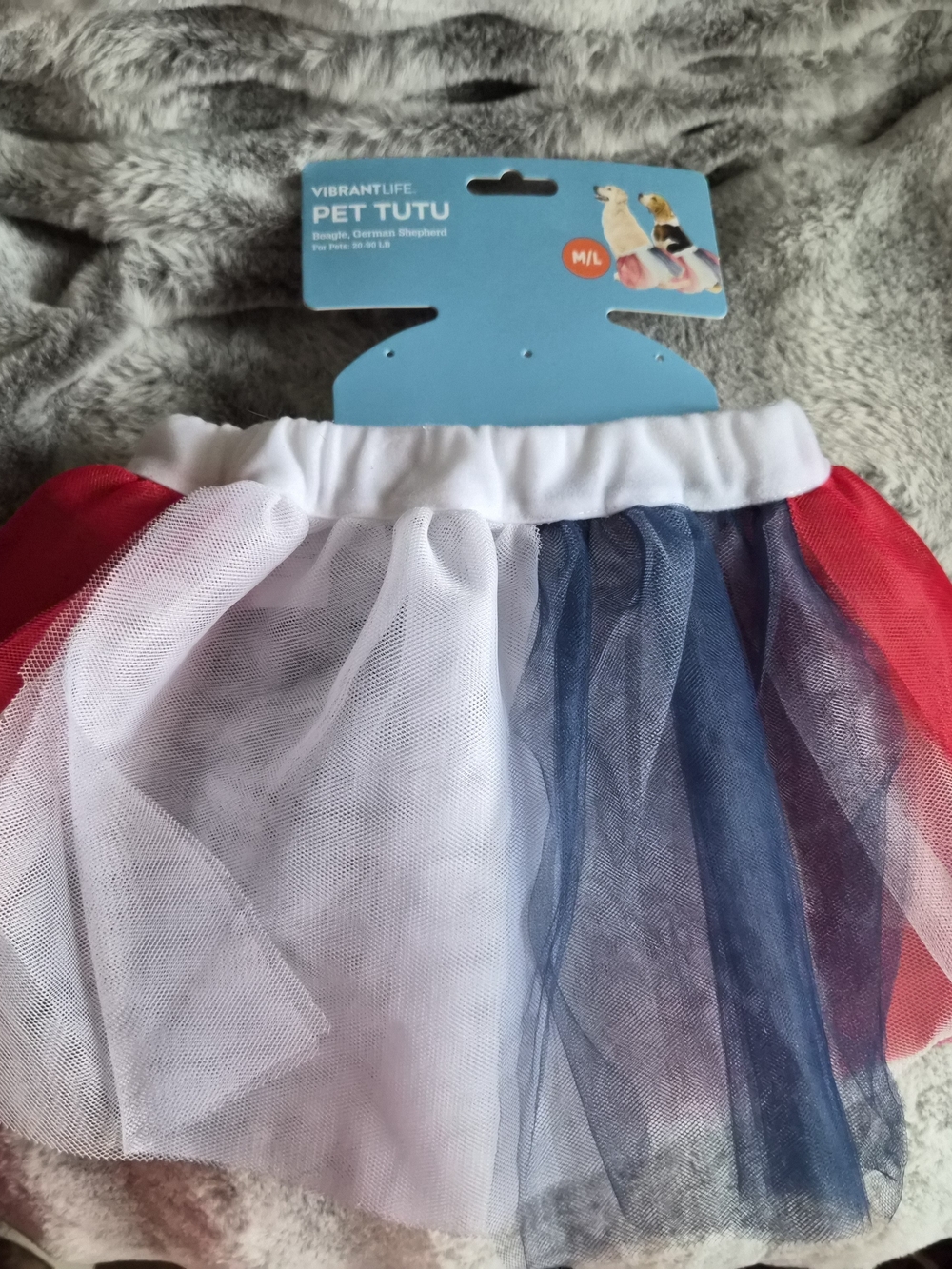 Vibrant Life pet tutu in red, white and blue. Size M/L
